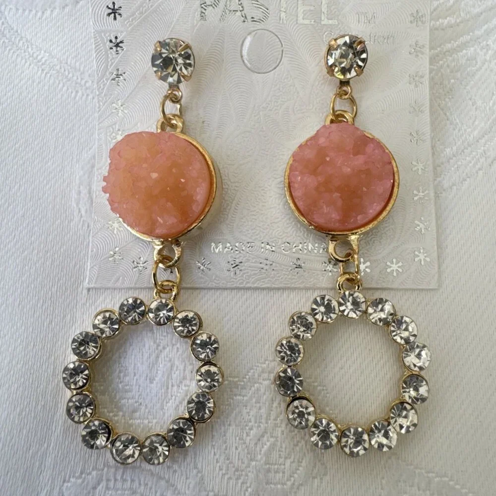 Pastel Faux Pink Stone Crystal Gold Rhinestone Earrings Dangle Drop Party NEW